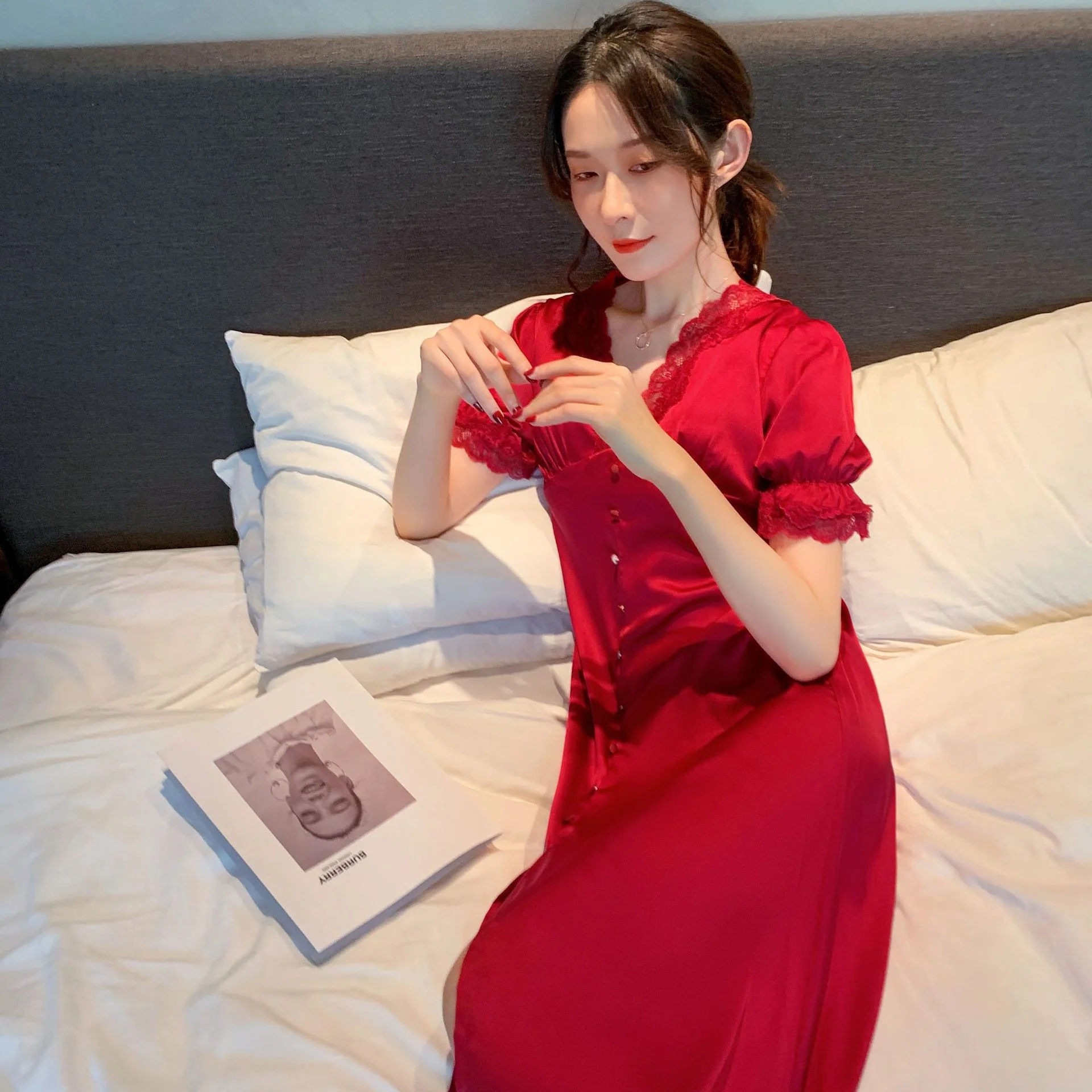 Lisacmvpnel Female Ice Silk Nightdress Spring Summer Satin Lace Sexy Sweet Long Style Home Clothes