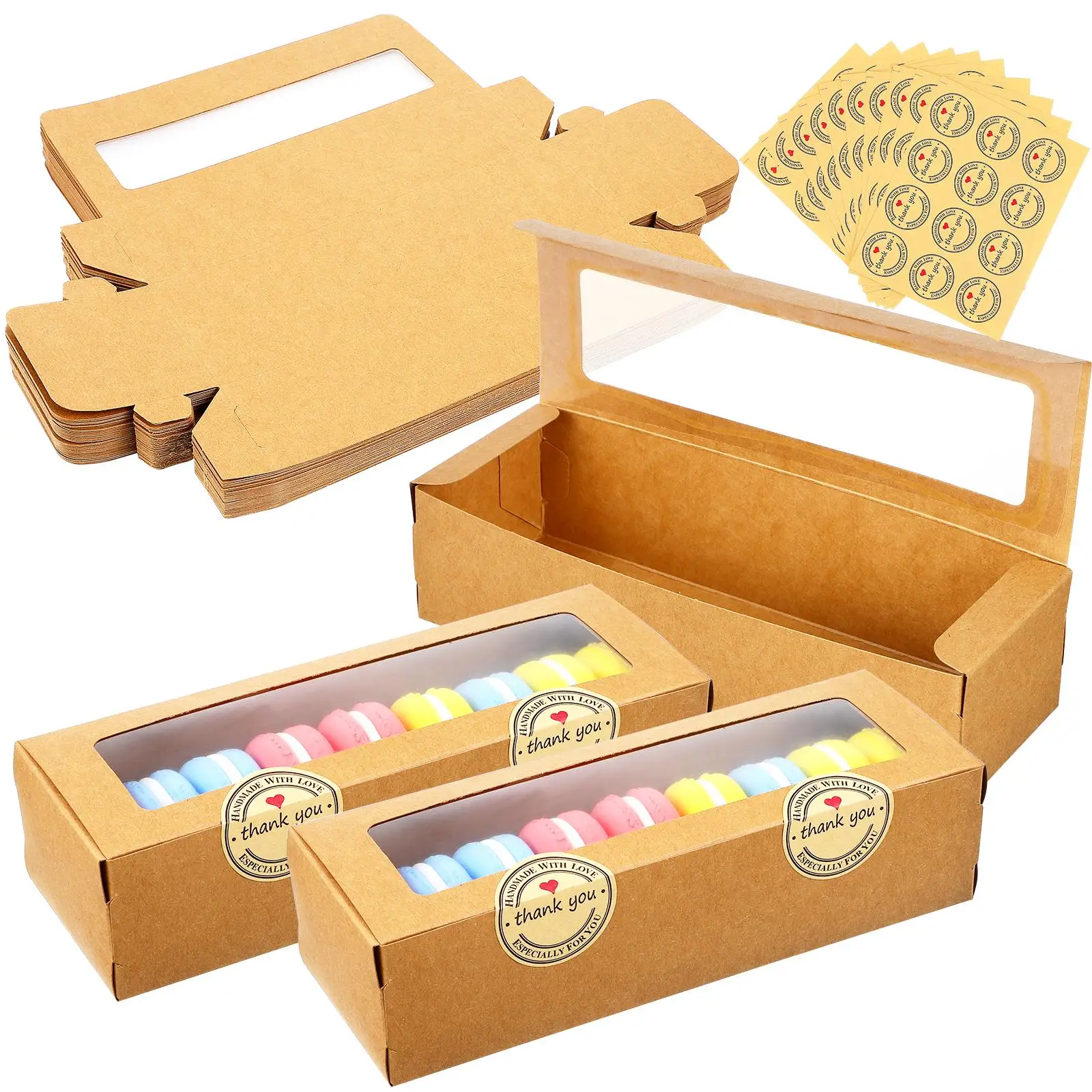 

Macaron Boxes Kraft Paper Lightweight Clear Window Small Desserts Cookies Candies Chocolates Donuts Cakes Stickers Seal Baking