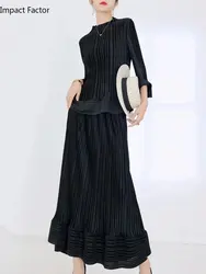 2024 Miyake Pleated High-end Spring New Black Khaki Suit Round Neck Ruffle Top + Skirt Casual Party Two-piece Set