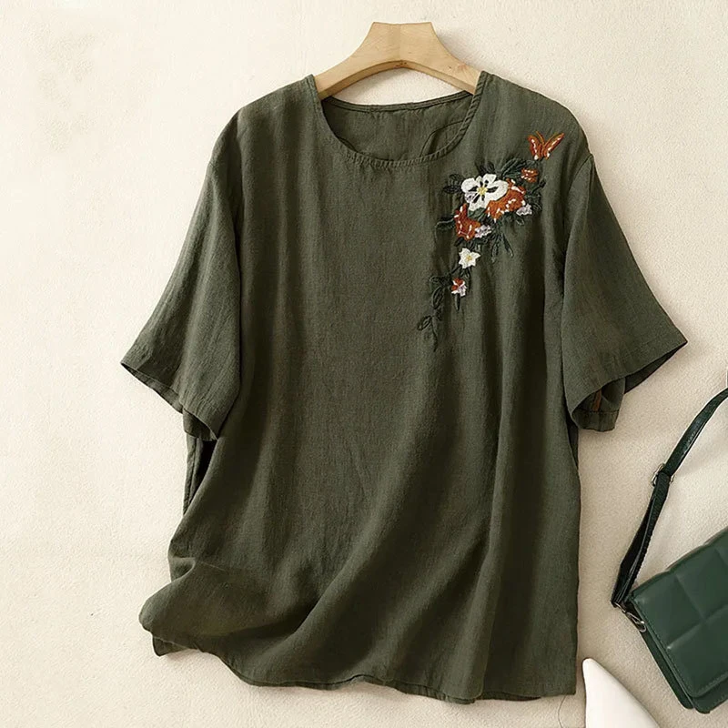 Women\'s Summer New Art Retro Minimalist Embroidered Cotton Linen Loose Round Neck Pullover Solid Color Short Sleeve T-shirt Tops