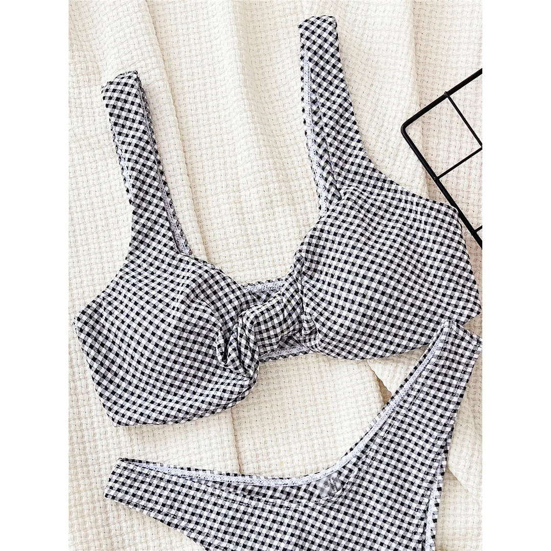 Schwarz-weiß kariertes, brasilianisches High-Cut-Bikini-Set, zweiteiliger Badeanzug für Damen, Badebekleidung, Badeanzug, Schwimmbekleidung V5832 – Detail 11