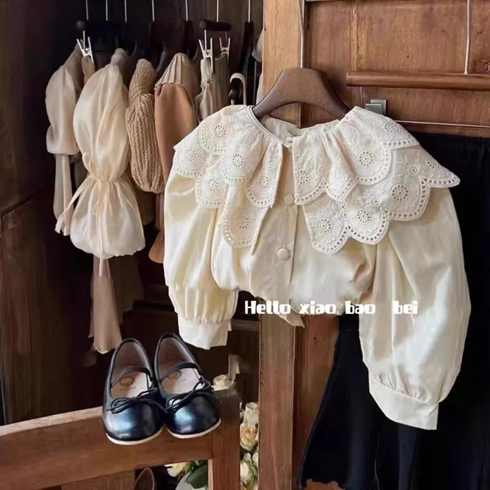 

Spring and Autumn 2026 New Girls' Retro Foreigner Lace Shirt Children's Fashion Solid Color Long Sleeve Top Baby Shirt