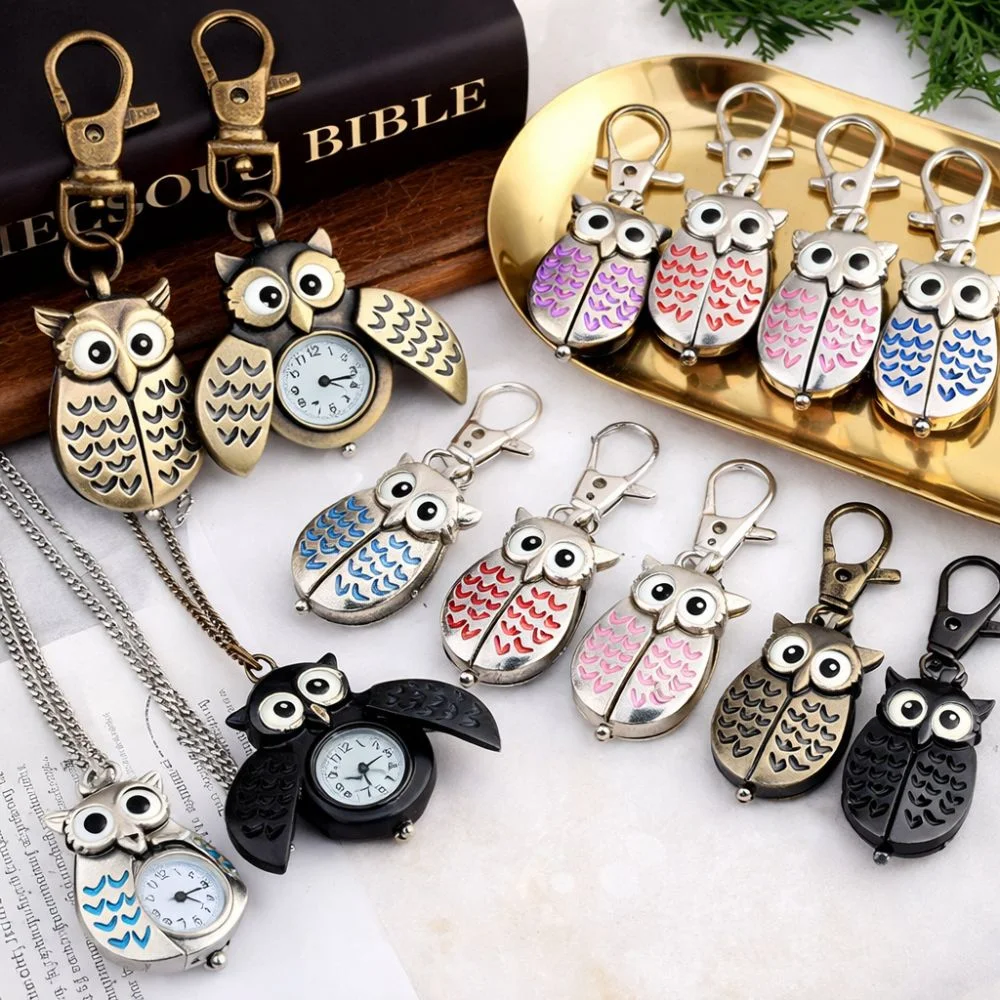 

Fashion Owl Shape Pocket Watch Keychain Flip Style Antique Hang Watch Classic Retro Necklace Clock For Unisex Adults Children