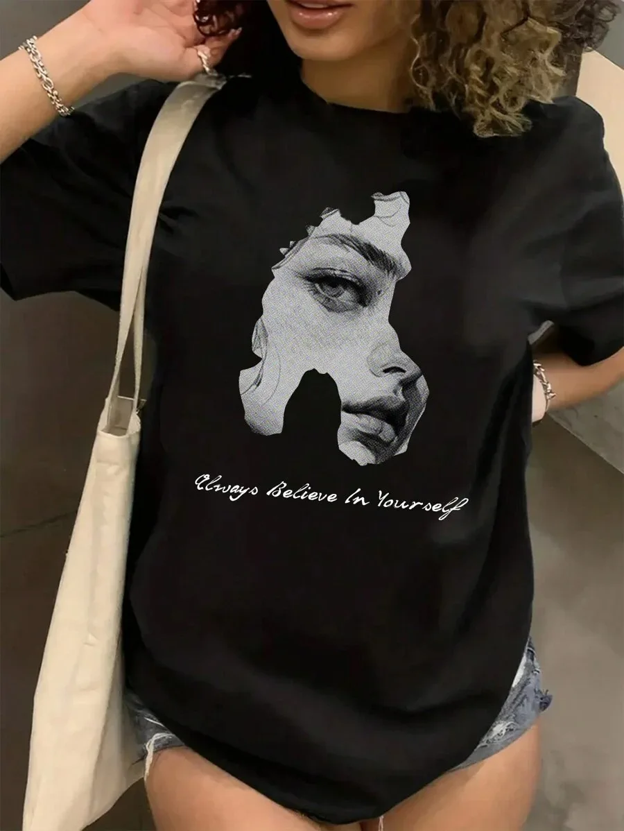

Plus - Size Black T - shirt: Motivational & Artistic Design, Broken Face Graphic