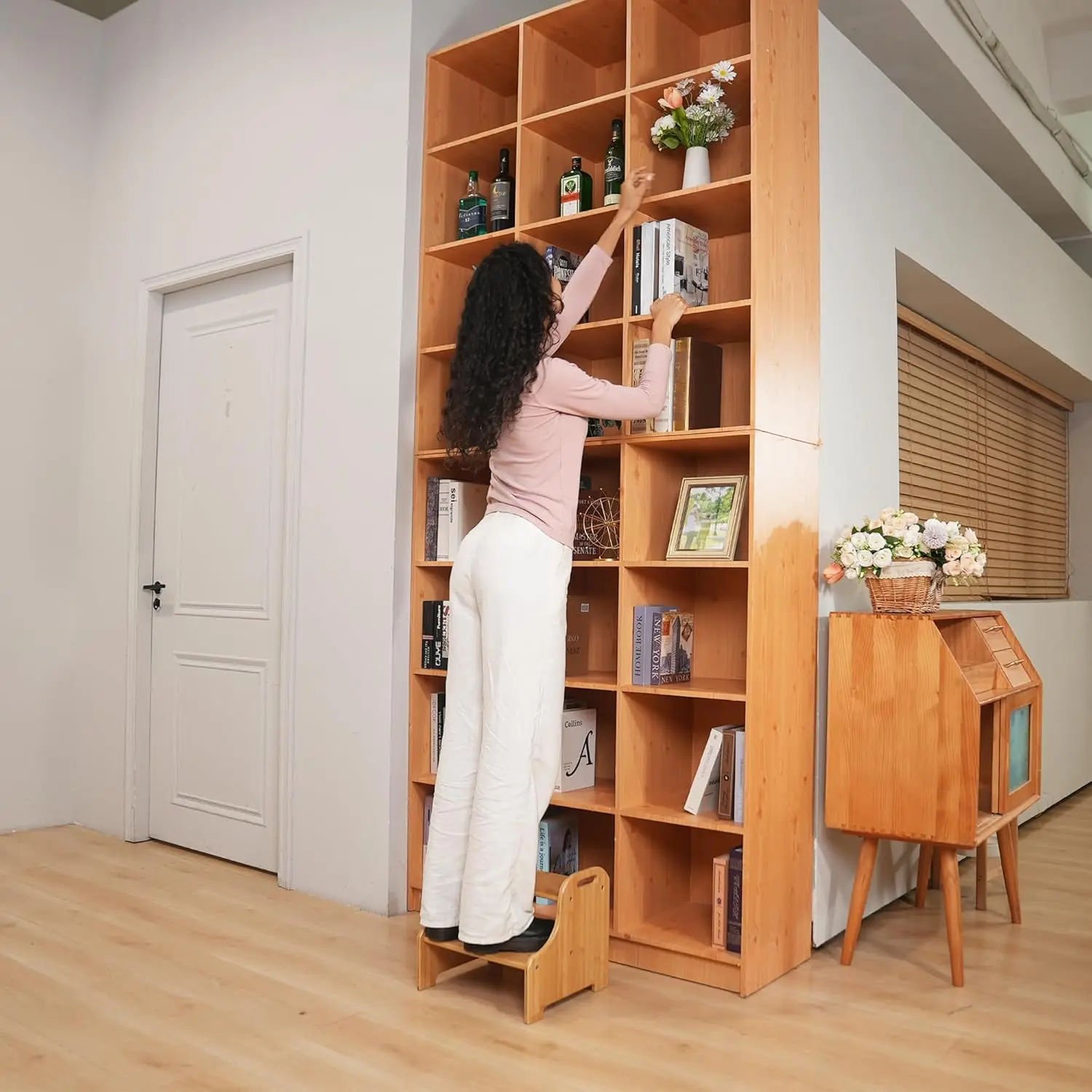 Bamboo 2 Step Stool with Non-Slip Step Treads and 2 Cutout Handles