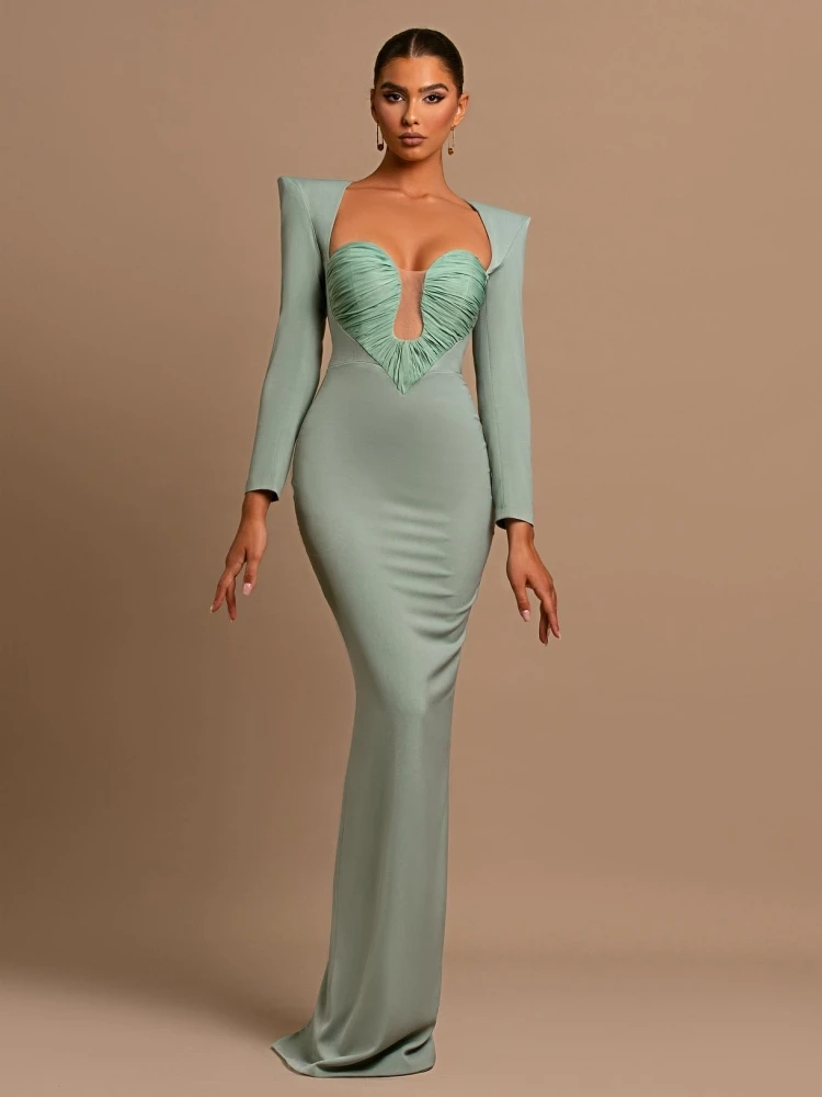 Women Mint Green Long - Sleeve Mermaid Maxi Dress with Square Neckline and Ruched Bust Cut - out Detail Elegant Evening Outfit