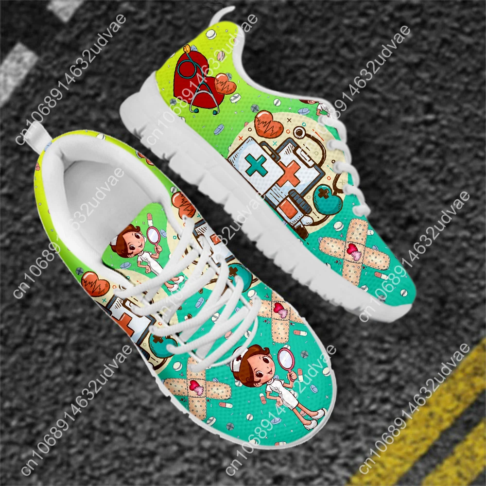 Comfortable Lace-up Flat Shoes Gradient Nurse Pattern Medical Print Wear-Resistant Sneakers For Women Nursing Shoes