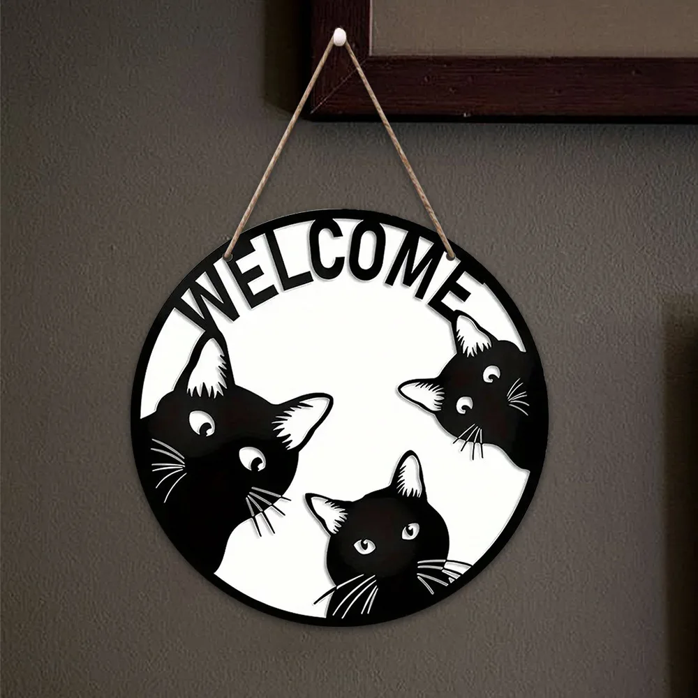 Halloween Black Cat Mi Welcome Creative Logo Wooden Welcome Door Sign, Living Room Pet Supplies, Cattery Scene Decoration