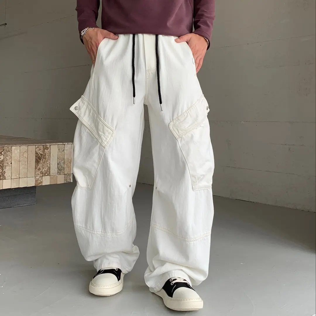 Men Streetwear Hip Hop Vibe Fashion Loose Casual Wide Leg Multi-pocket Straight Cargo Baggy Jeans Pants Boyfriend Trousers