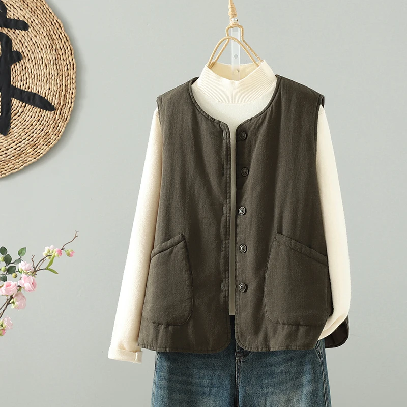 暖かい綿麻素材の秋冬ベスト、ボタン留め、スリムなアウターコート、シエンデッドラウンドネック、カジュアルで快適なトップス