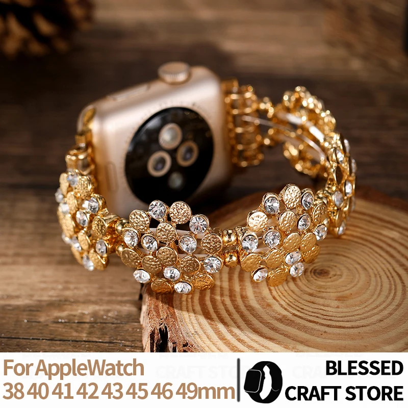 Elegant Flower Rhinestone Metal Strap for Apple Watch 40mm 44 41 45 42 46 Series 11 10 9 SE Sparkling Crystal Jewelry Watch Band