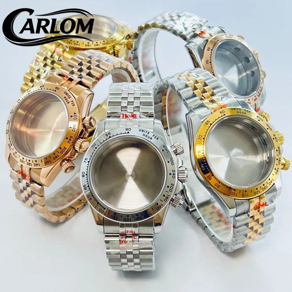 39mm Watch Case Silver Rose Gold Solid Stainless Steel Sapphire Glass Fit VK63 VK64 Quartz Movement Jubilee Bracelet Watch Parts