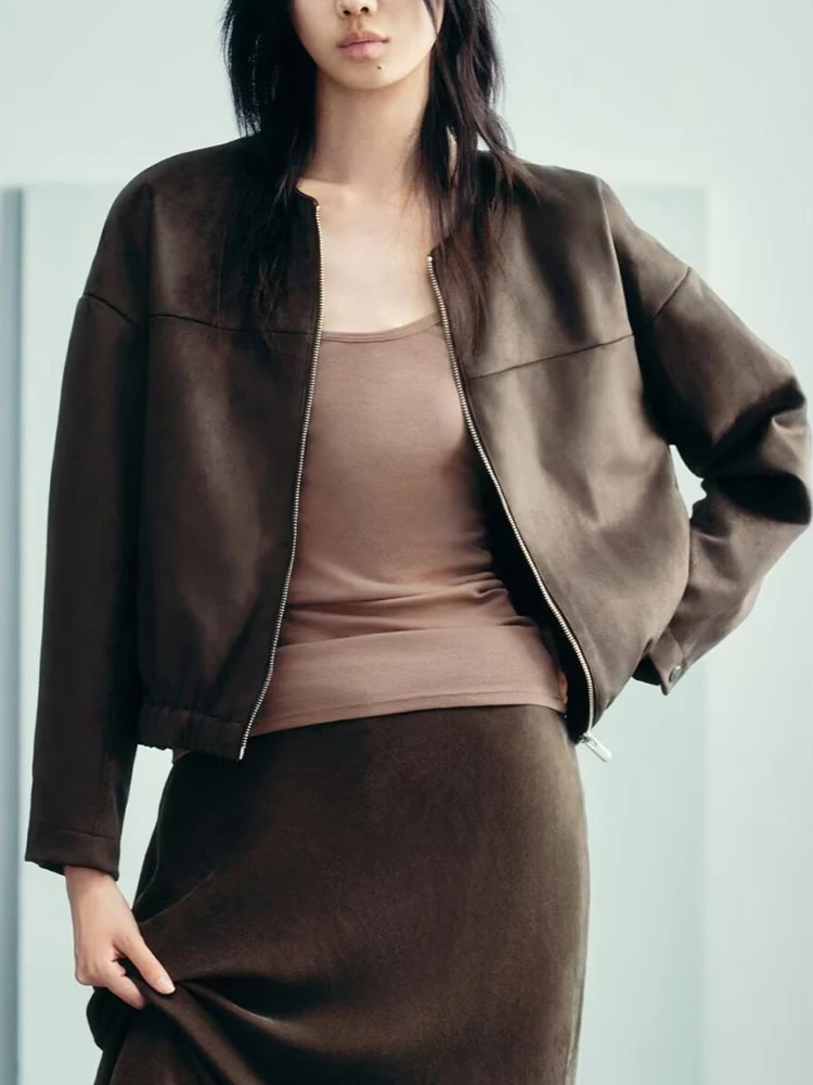 

European and American style 2025 autumn new arrivals women's fashion round neck zipper versatile suede effect jacket