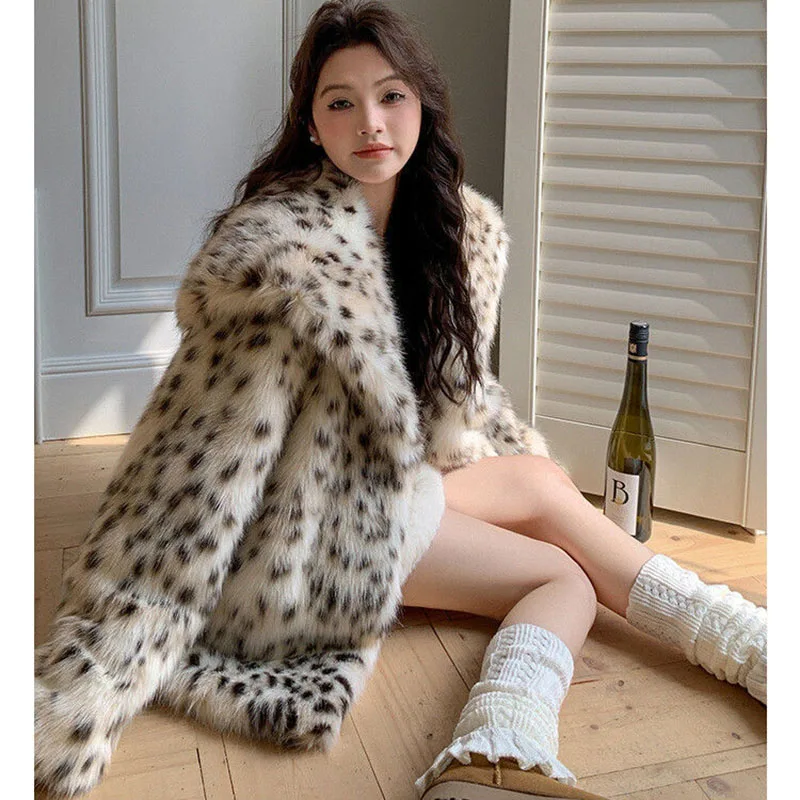 Leopard Print Fur Thicke Fur Jacket Women's Outwear Autumn Winter New Eco-Friendly Faux Fox Fur Leopard Print Lapel Fur Coat