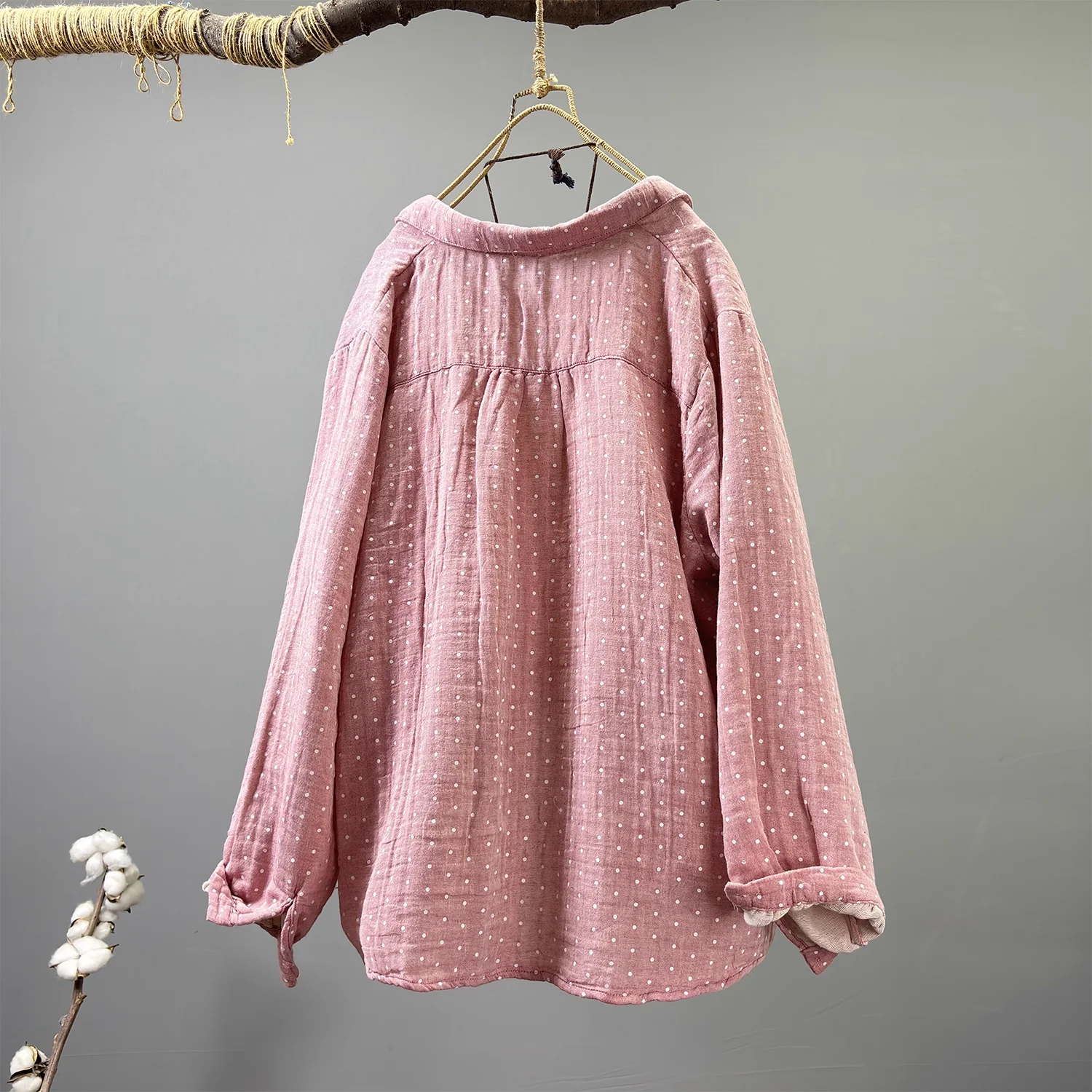 Busto 118cm plus size camisas de bolinhas para mulheres outono 100% fio de algodão macio blusas de manga longa quente único breasted outwear