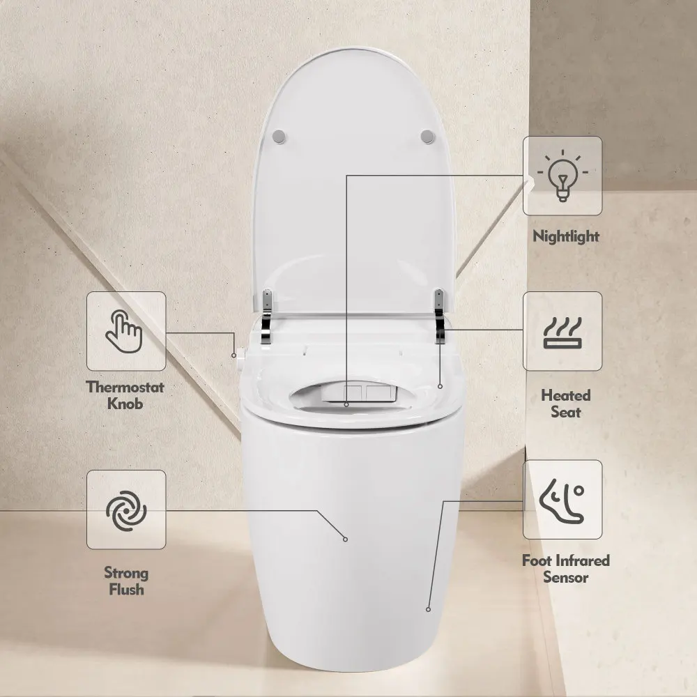 Intelligente Toilette mit beheiztem Sitz, einteilige Toilette, automatischer Spülbehälter, weniger Toilette ohne Bidet, mit Fußsensorspülung