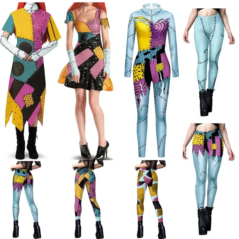 

Adult Halloween Sally Costume Cosplay 3D Printed Jumpsuit Anime Movie Sally Cosplay Dress Party Set Costume Zentai Bodysuit