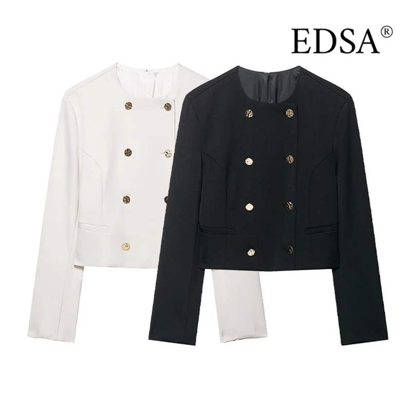 سترة نسائية EDSA مقصوصة مزدوجة الصدر ورقبة دائرية وأكمام طويلة لملابس خارجية معطف قصير للسيدات للمكتب #1