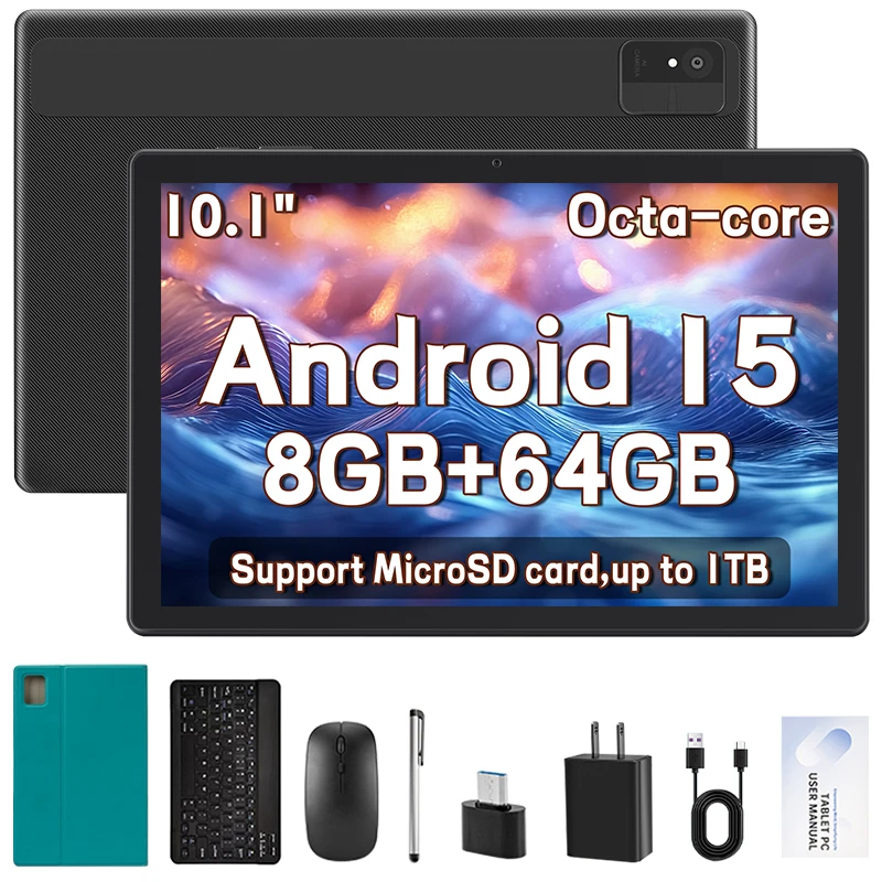 تابلت 2025 Android 15 بسعر منخفض، أقراص 10.1 بوصة مع وحدة معالجة مركزية ثماني النواة، وذاكرة وصول عشوائي 8 جيجابايت وذاكرة قراءة فقط 64 جيجابايت وسعة 1 تيرابايت، وبطارية 5000 مللي أمبير في الساعة وكاميرا مزدوجة