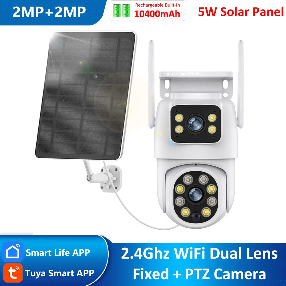 Tuya 4mp bateria de lente dupla solar wifi fhd tela dupla rastreamento de movimento humano proteção de vigilância de segurança ao ar livre câmera ptz