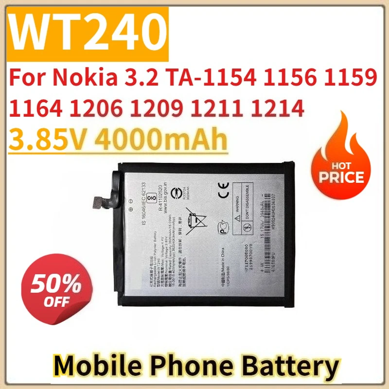 

WT240 Аккумулятор мобильного телефона 3,85 В 4000 мАч для Nokia 3.2 TA-1154 1156 1159 1164 1206 1209 1211 1214 Совершенно новый, высокое качество