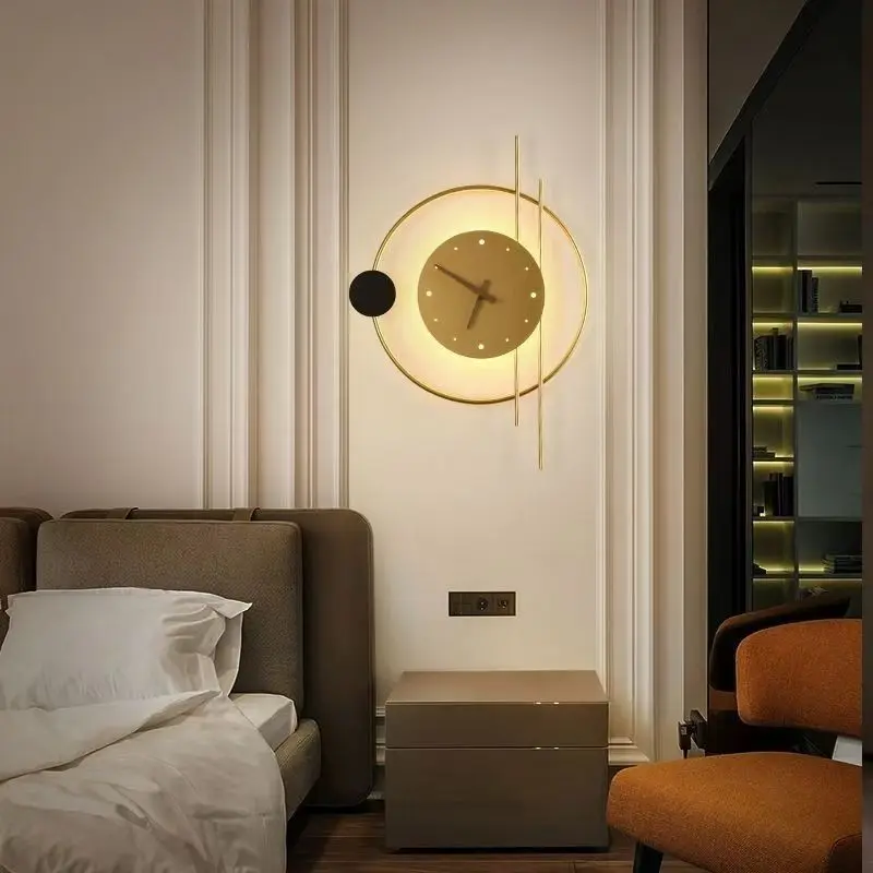 Nordic Luxury Fashion Iron Acrylic LED Clock Wall Light Gold Black Bedroom Study Dining Room Lighting Fixtures
