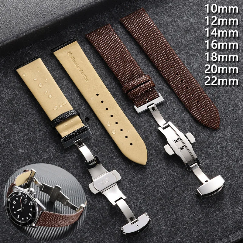Lizard Grain Leather Watch Band 10mm 12mm 14mm 16mm 18mm 20mm 22mm Waterproof Cowhide Strap Butterfly Clasp Replacement Bracelet