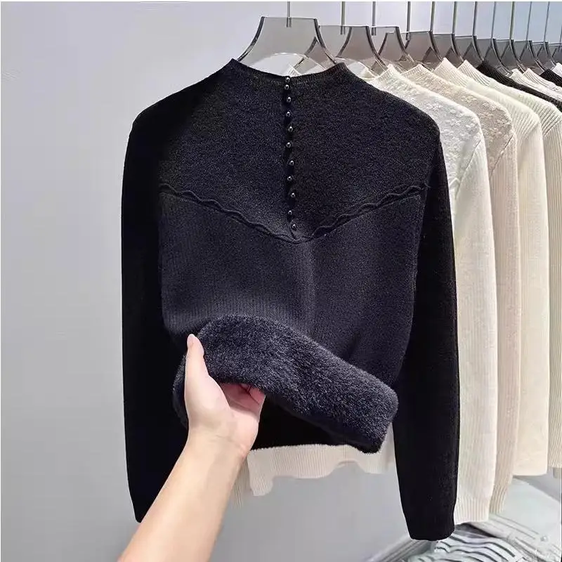 

Warm Base Layer Shirt Lace Inner Wear Autumn Winter Top Women's Fleece Lined Thickened Half High Collar Knitted Sweater