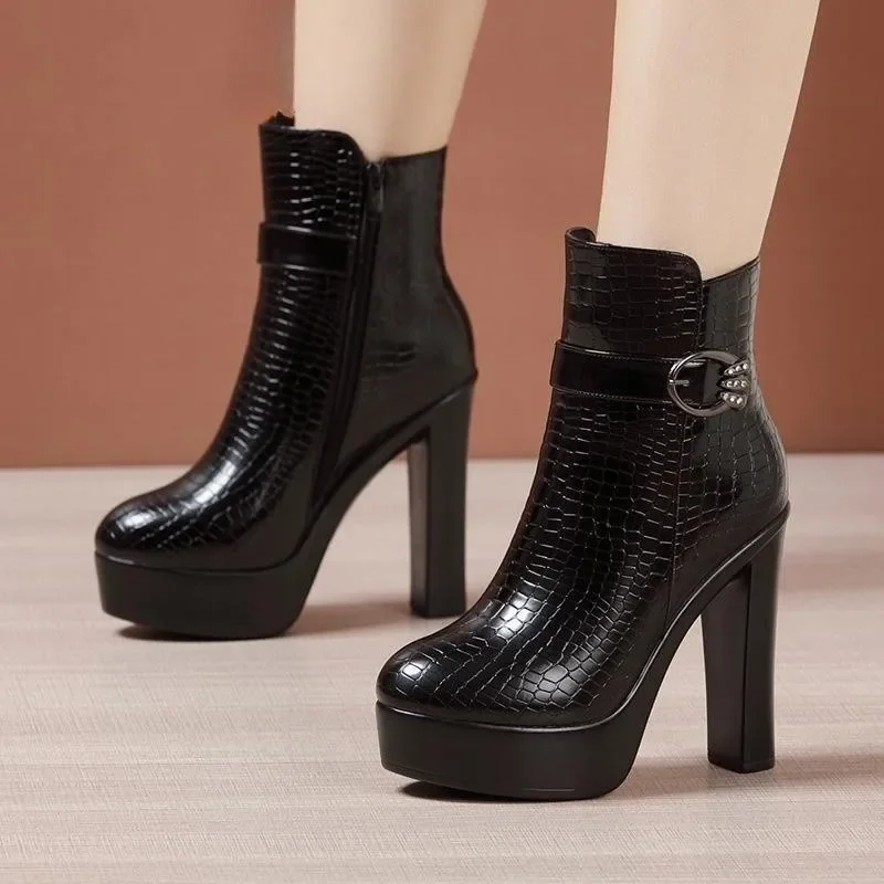 12cm Small Size 32-43 Thick Bottom Platform Shoes with Fur Short Ankle Boots Fall 2023 Block High Heels Boots Black Office Model