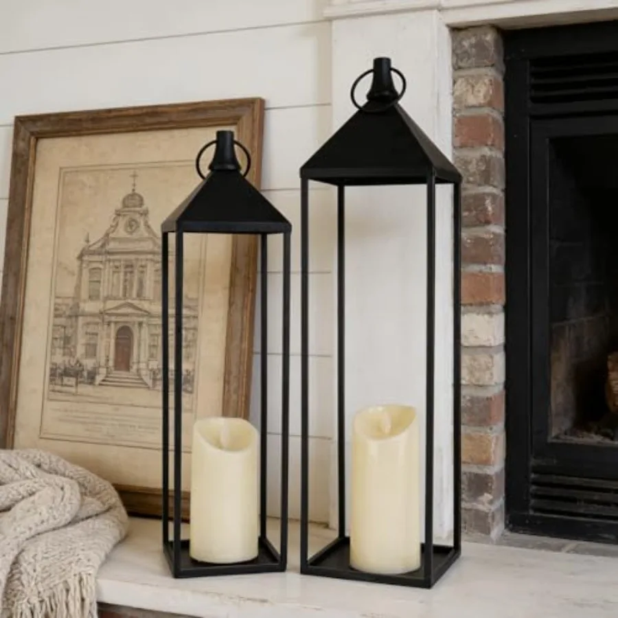 

22" 19" Modern Farmhouse Candle Lantern Decor Set of 2 Large Black Metal Candle Lanterns with Flameless Candles Lanterns Decora