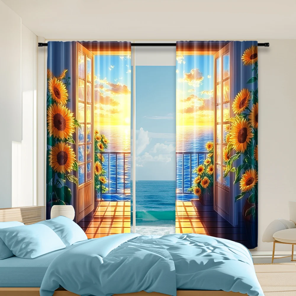 

2Pcs Artistic Wooden Cabin Potted Plant Print Curtains With Rod Hole Design For Living Room Bedroom And Office Decor Machine