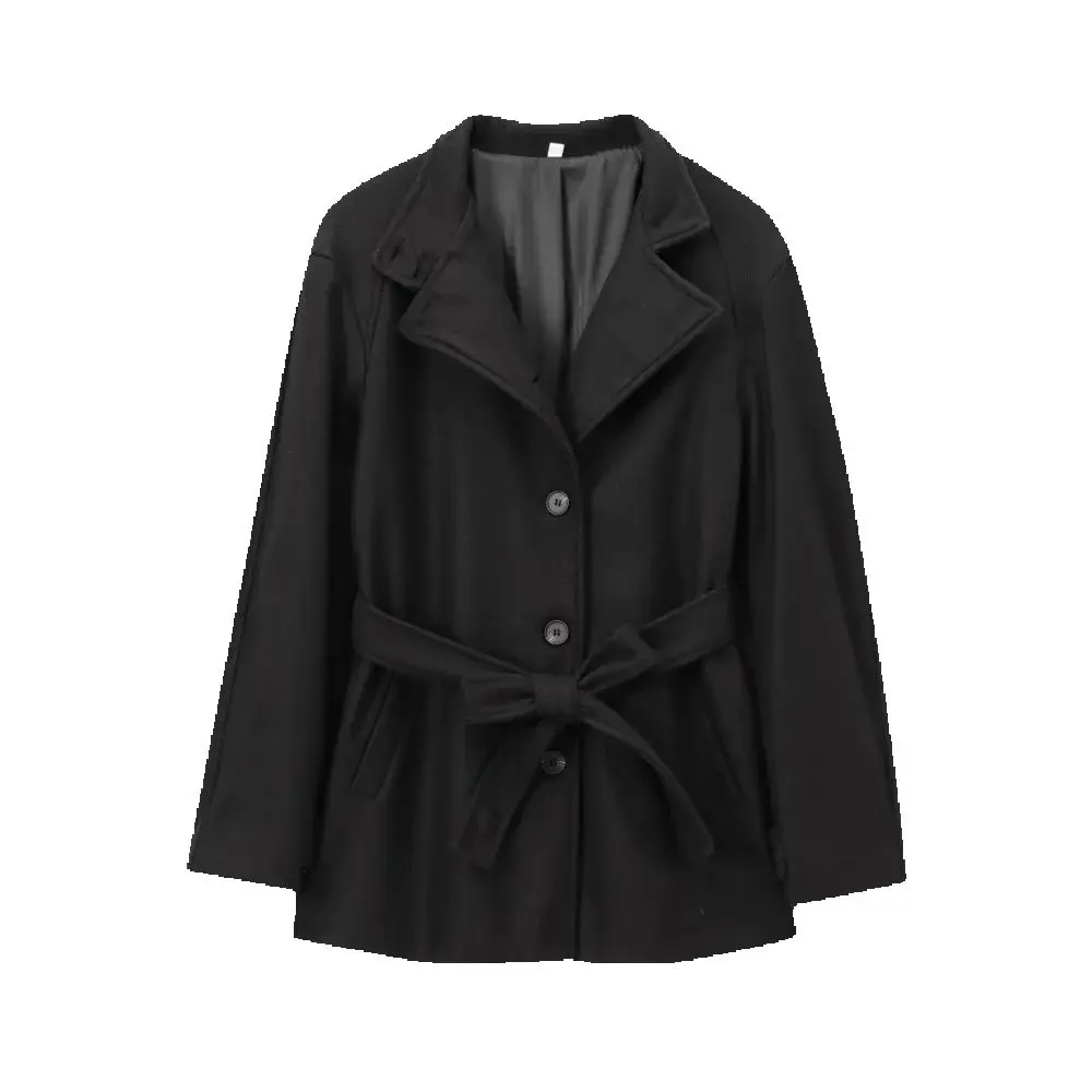 

Knitted Loose Top with Collar Long Sleeve Button Pocket Belt Autumn/Winter New Style Woolen Coat