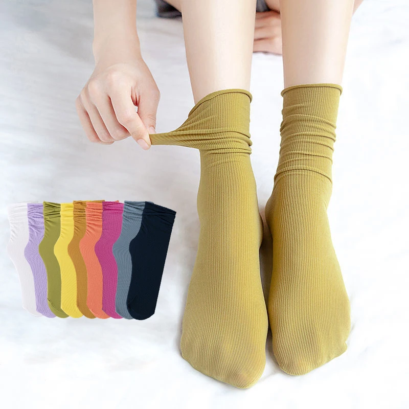 1Pairs Women Girls Thin Loose Socks Pack Harajuku Cute Long Frilly Socks Casual Soft Nylon High Elastic Solid White Purple