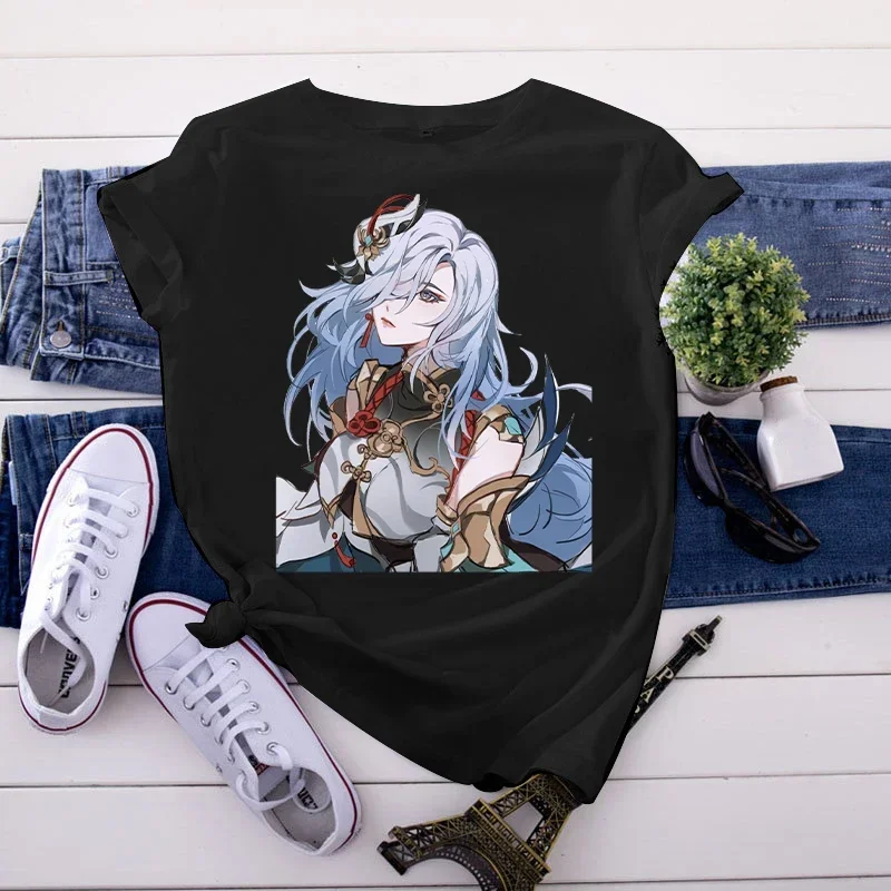 

Cute Women T-Shirt Genshin Impact Short Sleeve T Shirt Lady Casual Shen He Graphic Tee Fashion Woman Blouses Y2k Clothing Top