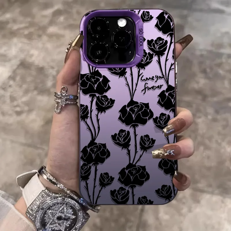 Full Screen of Roses Phone Cases for iPhone 14 15 Pro 11 12 13 ProMax X XR XSMax 12 Mini 7/8 Plus Plated Shockproof Bumper Cover