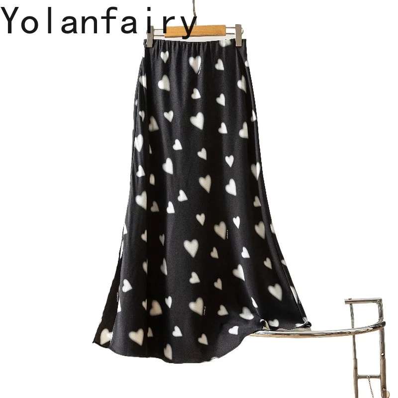 YOLANFAIRY 93% Mulberry Silk Skirt Women Fashion 2026 Summer Korean Style Skirts Long High-waist Skirt White Heart Jupe Femme
