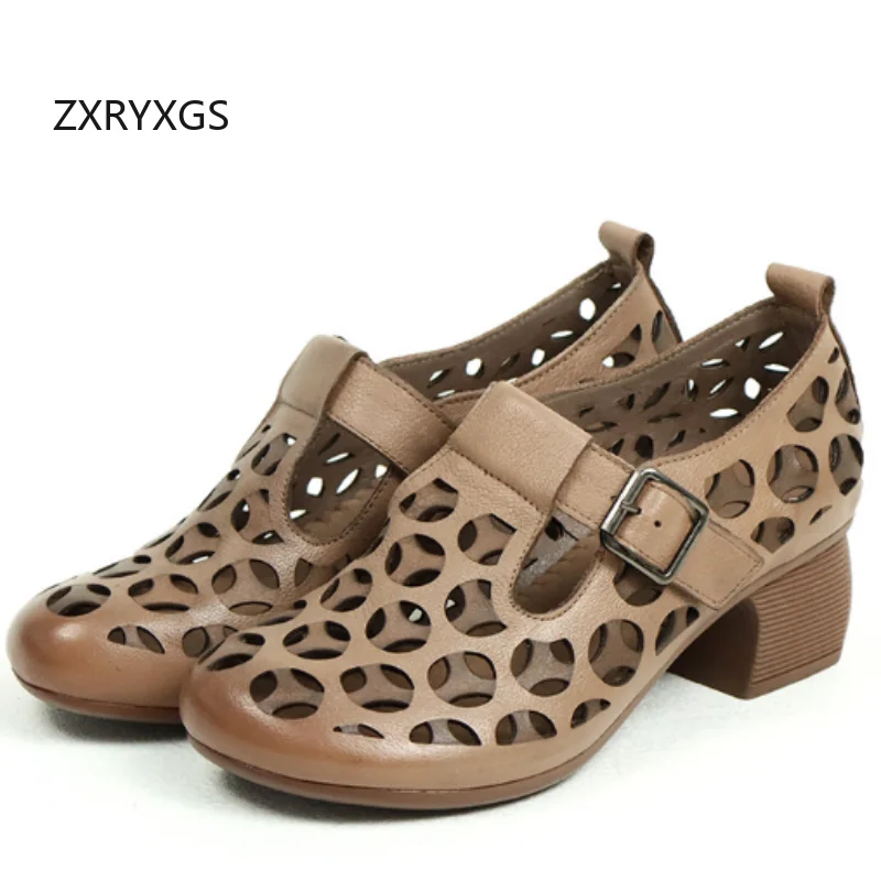 

ZXRYXGS Elegant Breathable Premium Cowhide Hollow Shoes Women Fashion Sandals 2025 New Summer Real Leather Sandals Mid Heels