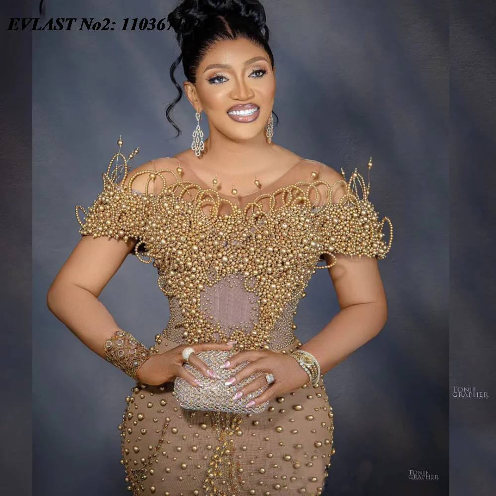 EVLAST Customized Gorgeous African Pearls Evening Dress Mermaid Off Shoulder Celebrity Dress Black Women Red Carpet Gowns E2P08