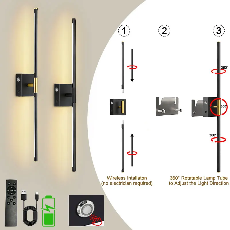 

Wireless Rechargeable Battery LED Wall Sconce with Remote Control 3CCT Touch Dimmable 350° Rotatable Wall lamps Wall Lights USB