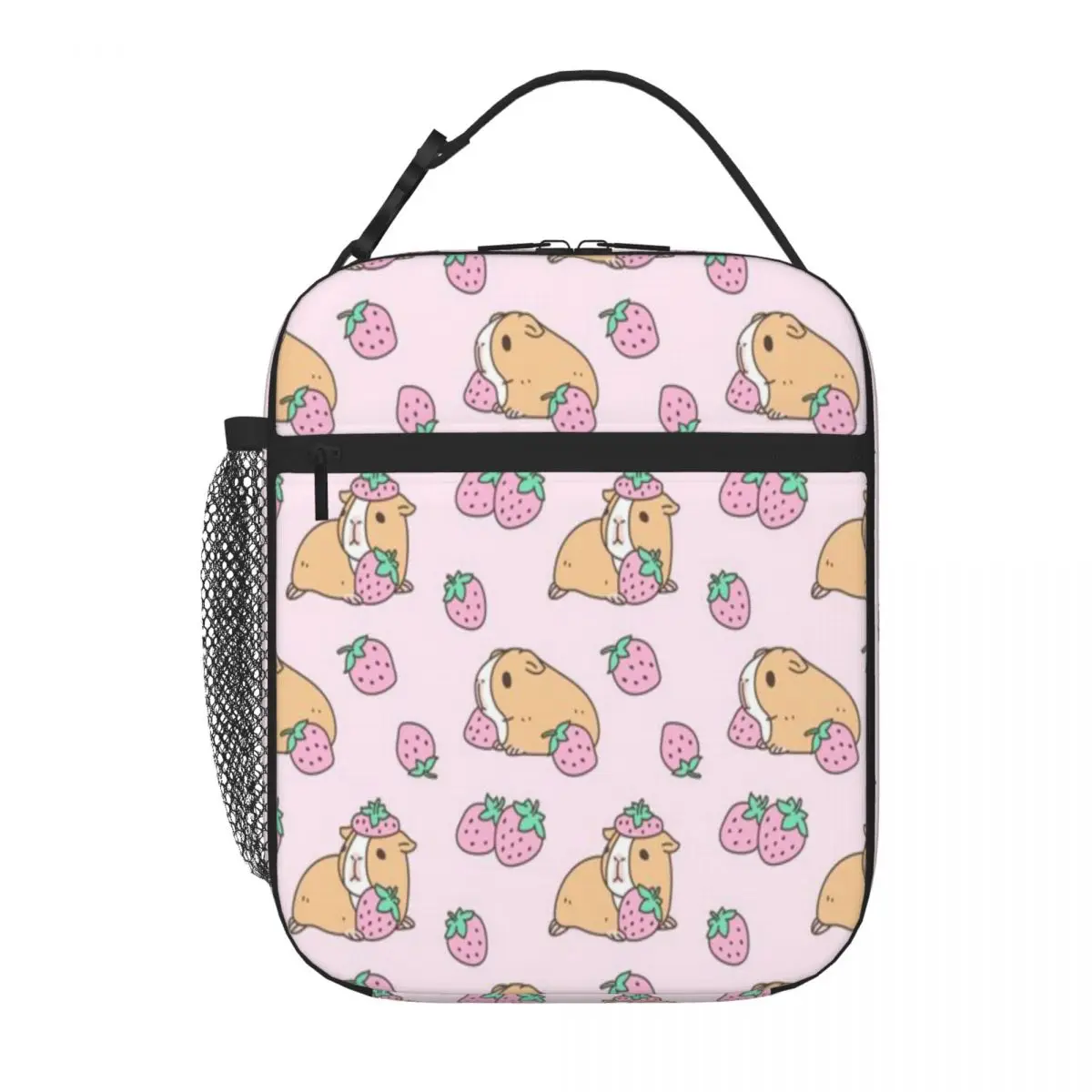 Bestselling Pink Guinea Pig And Strawberry Pattern Solid Color Foldable Lunch Bag Middle School Carry Lunch Bag