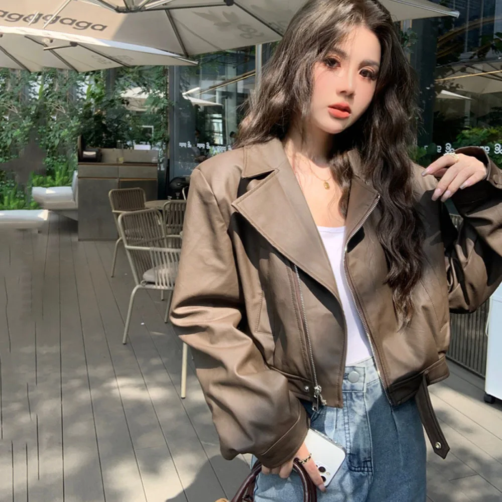 Casual Motorcycle Leather Coat Women Streetwear Zipper Harajuku Leather Jacket Long Sleeve Short Tops Korea Chic Black Outerwear