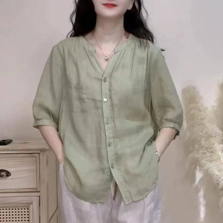 

Summer Loose Large Size V-Ne Pure Color irt Korean Sle Commute Flax Fabric Five-Quarter Sve Women's Faionable Top