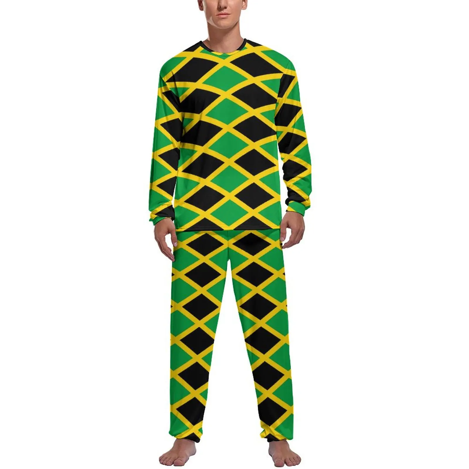 Jamaican Flag Pajamas Autumn Black Green Sleep Sleepwear Men 2 Pieces Custom Long Sleeve Cute Pajama Sets