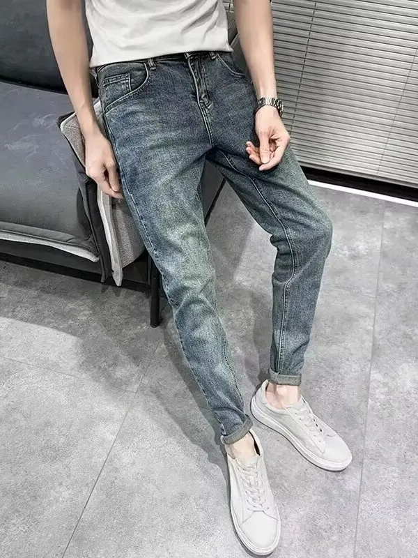 

Slim Fit Vintage Blue Jeans Men's Elastic Cuffed Long Pants Versatile Spring Autumn Casual Slimming Korean Sle Jeans