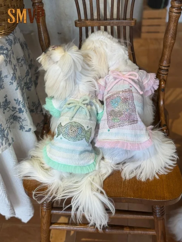 Cute Sweet Candy Graphic Pet Sundress Striped Texture Lace Frill Sleeve Bow Decor Breathable Puppy Summer Outfit Pet Clothes