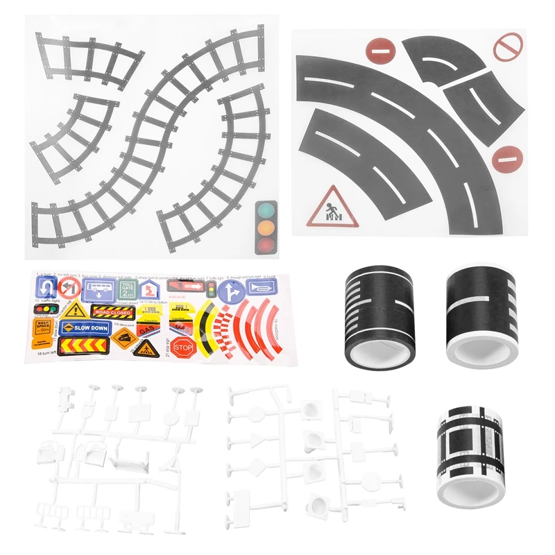 Bande de route pour voitures et trains jouets, 3 rouleaux, 4.8cm x 5m, voie droite courbe, panneaux de signalisation, cadeaux pour enfants