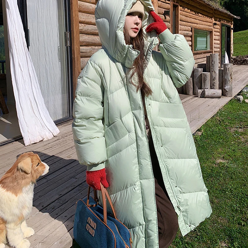 

Мятно-зеленая хлопковая куртка на пуху с чаем молока для женщин, зима 202, новый корейский стиль, модное длинное свободное толстое хлопковое пальто выше колена