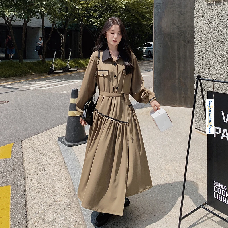 

Irregular Splice Khaki Shirt Dress for Women Spring Autumn Elegant Chic Long Sleeve Loose Casual A-line Maxi Dresses Female 0631