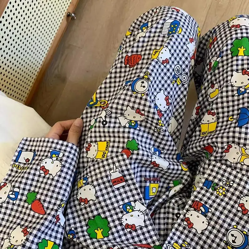 Sanrioed أنيمي المرأة بنطلون بيجاما مرحبا كيتي Kawaii الربيع الربيع Kt فضفاض المنزل السراويل عالية الخصر عادية القطن لطيف بنطلون