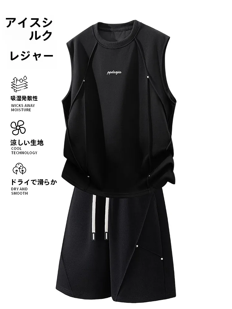 black-rivet-deconstructed-sleeveless-t-shirt-patchwork-five-quarter-pants-men's-summer-letter-print-quick-dry-sports-set